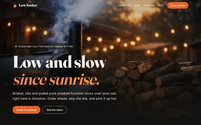 Low Ember smokehouse site with a live sold-out board and pickup ordering